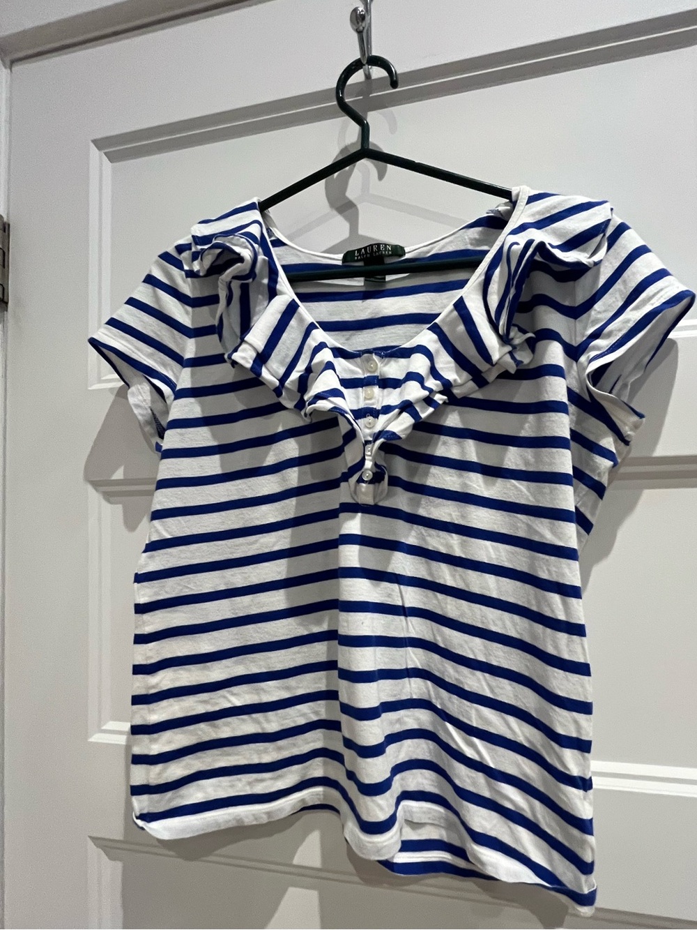 Ralph Lauren White and Royal Blue Striped Ruffle-Neck Tee